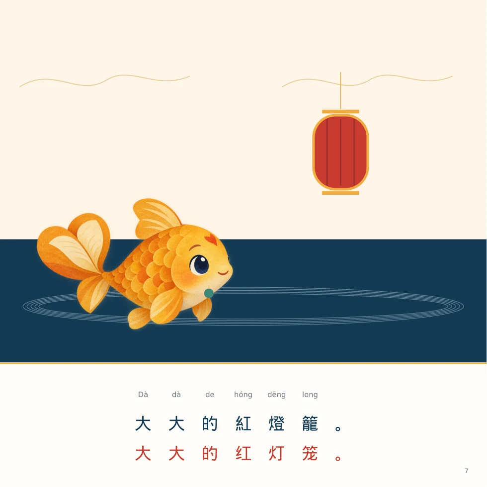 故事內頁：小鯉和媽媽看大燈籠，附拼音、繁體字和簡體字